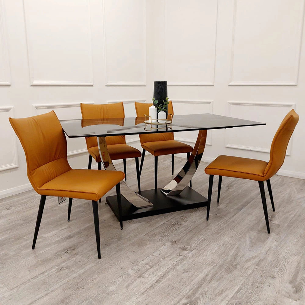 Venus 1.6m Black Sintered Stone Dining Table with 4 Flora Tan Leather Chairs – A Modern Dining Statement