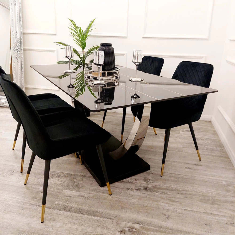 Venus 1.6m Black Sintered Stone Dining Table with 4 Luna Black Velvet Chairs – Effortlessly Bold, Timelessly Elegant