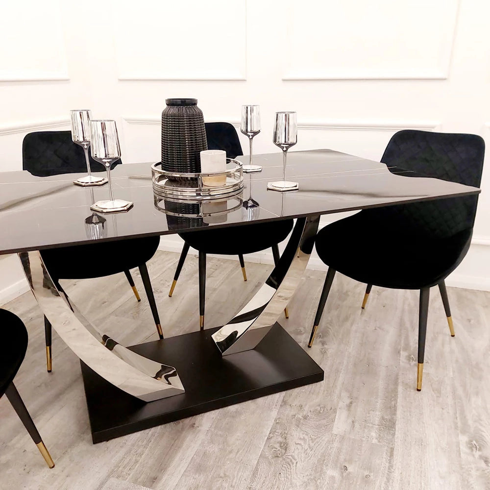 Venus 1.6m Black Sintered Stone Dining Table with 4 Luna Black Velvet Chairs – Effortlessly Bold, Timelessly Elegant
